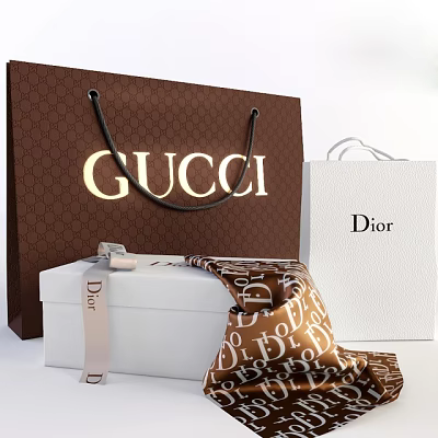 Luxury Lifestyle Products Featuring Gucci Dior Shopping Bags Box and Silk Scarf 3d model