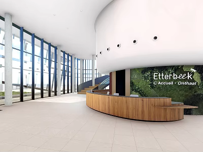 Modern Reception Desk Interior With Wooden Counter Large Glass Windows And Bright Lobby Space 3d model