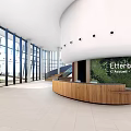 Modern Reception Desk Interior With Wooden Counter Large Glass Windows And Bright Lobby Space