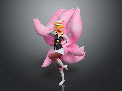 Female Character With Black And White Outfit And Pink Nine Tailed Creature In Standing Pose 3d model