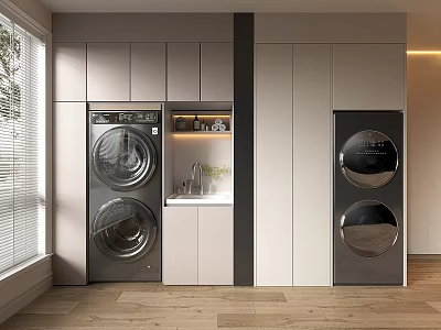 Sleek Modern Bathroom Cabinetry with Stacked Washing Machines Dryers and Storage Cabinets 3d model