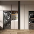 Sleek Modern Bathroom Cabinetry with Stacked Washing Machines Dryers and Storage Cabinets