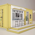 Yellow Shipping Container Cafe Building With Awning Outdoor Seating And Menu Board