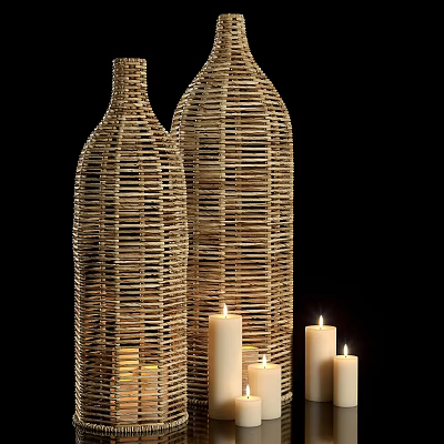 Two Woven Rattan Candle Lamps With Tall Bottle Shaped Design And Lit Candles 3d model