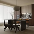 Elegant Modern Dining Table Set With Wooden Chairs Pendant Light Vase And Fruits