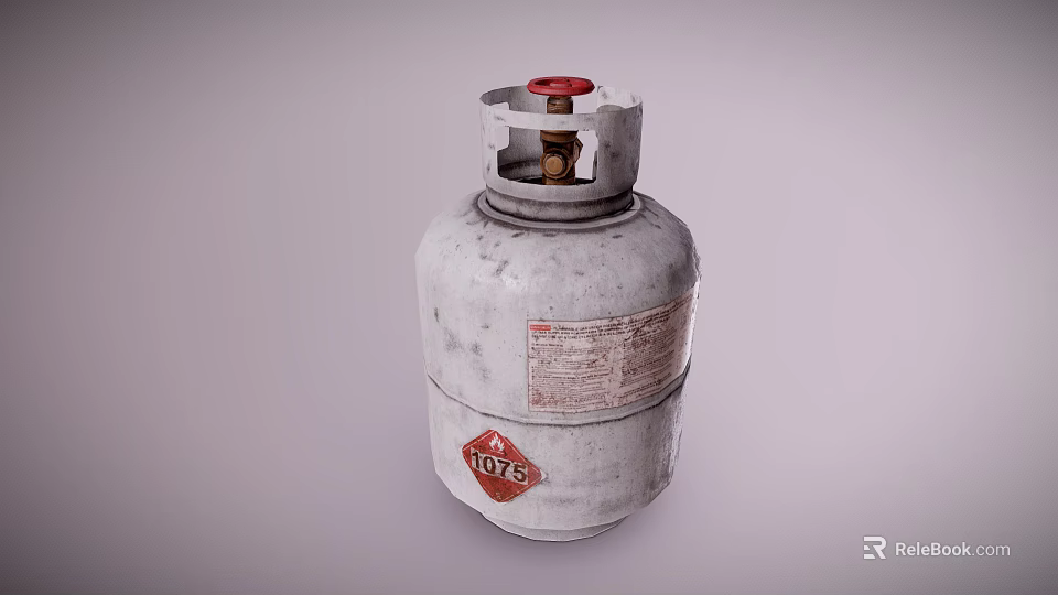 Silver Gray LPG Cylinder With Red Valve And Warning Label On Metal Surface 3d model 