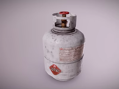 Silver Gray LPG Cylinder With Red Valve And Warning Label On Metal Surface 3d model