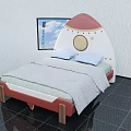 Rocket Shaped Kids Bed With Red White Headboard Blue Pillows And Grey Dotted Sheets