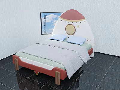 Rocket Shaped Kids Bed With Red White Headboard Blue Pillows And Grey Dotted Sheets 3d model