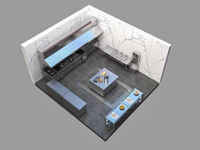 Modern Kitchen Interior Featuring Marble Walls Island Countertop Cabinets And Appliances 3d model