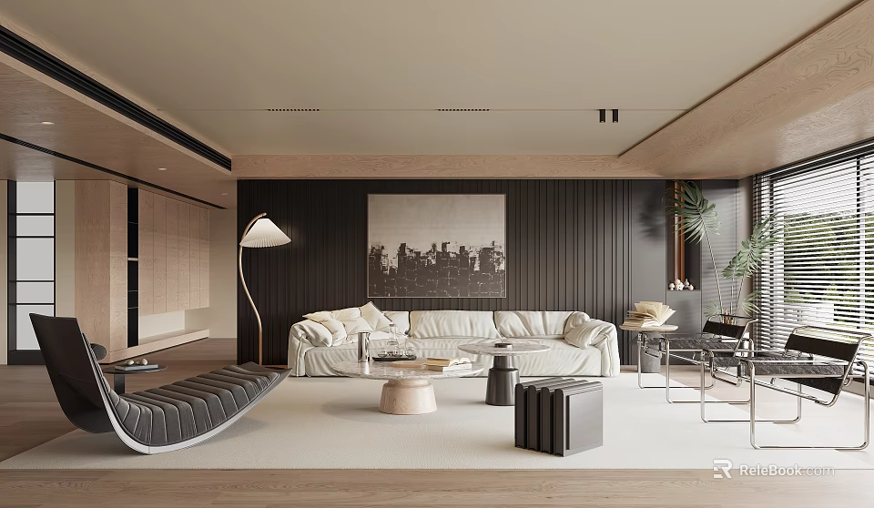 Modern Luxury Living Room Interior With White Sofa Large Wall Art And Floor Lamp 3d model 