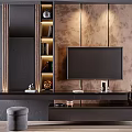 Modern TV Wall Interior Design With Wooden Panels Built in Shelves And Floating Console