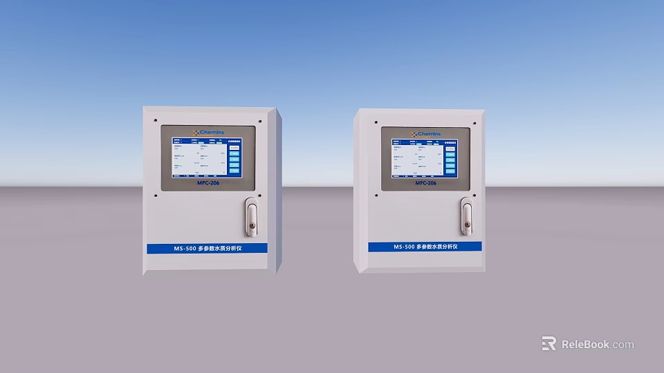 Two White Storage Cabinet Racks With Gas Alarm Control System And Digital Screens 3d model 