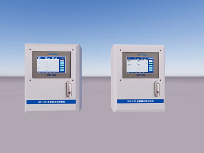 Two White Storage Cabinet Racks With Gas Alarm Control System And Digital Screens 3d model