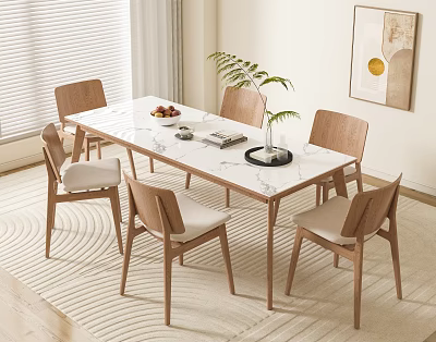 Modern Wooden Dining Table Set With Six Upholstered Chairs Fruit Bowl And Plant Decor 3d model