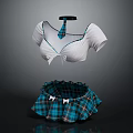 Fashionable White Short Sleeve Top with Blue Bow and Plaid Ruffled Skirt