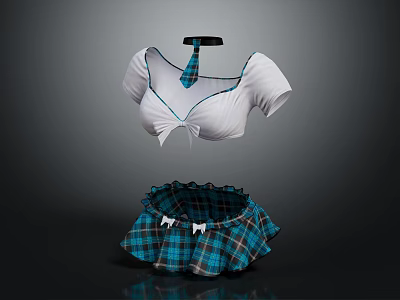 Fashionable White Short Sleeve Top with Blue Bow and Plaid Ruffled Skirt 3d model