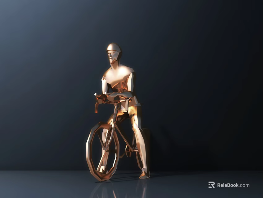 Metallic Golden Sculpture Depicting Bicycle Riding Human Figure on Dark Backdrop 3d model 