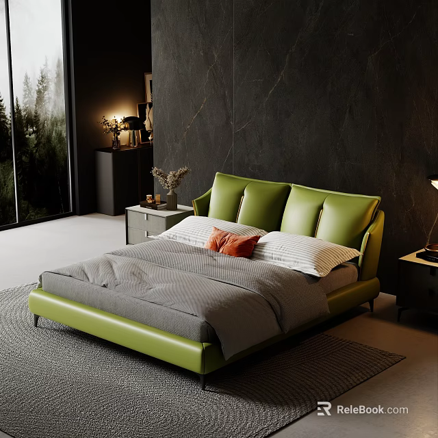 Green Leather Headboard Double Bed with Gray Bedding Orange Cushion and Nightstand Table Lamp 3d model 
