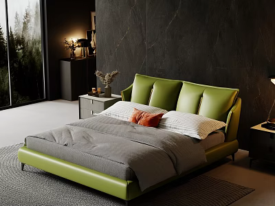 Green Leather Headboard Double Bed with Gray Bedding Orange Cushion and Nightstand Table Lamp 3d model