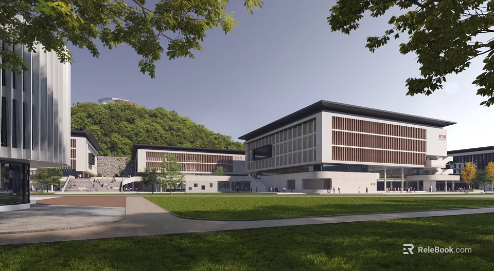 Modern School Building with Green Lawn Hillside Trees and Open Campus Square 3d model 