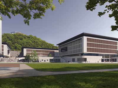 Modern School Building with Green Lawn Hillside Trees and Open Campus Square 3d model