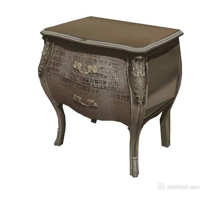 Classic Antique Bedside Table With Carved Details Golden Handles And Crocodile Texture 3d model 