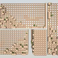 Modern Wooden Grid Wall Design With Embedded Cubes And Small Plants 3d model