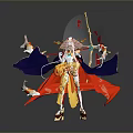 Woman Wearing Traditional Red And Gold Costume With Koi Fish Umbrella And Flowing Decorations