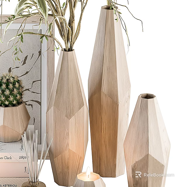 Stylish Wooden Geometric Vases with Dried Flowers and Small Cactus for Home Decor 3d model 