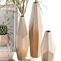Stylish Wooden Geometric Vases with Dried Flowers and Small Cactus for Home Decor