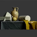 Still Life Composition Featuring Amphora Vase Geometric Shapes Cube Pyramid Sphere Cylinder Grey Yellow Fabrics