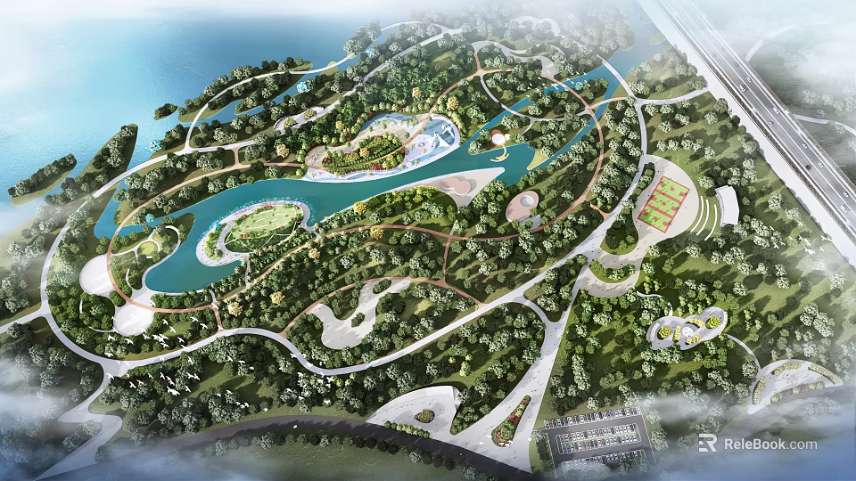 Scenic Park Landscape With Lush Green Spaces Winding River And Walking Paths 3d model 