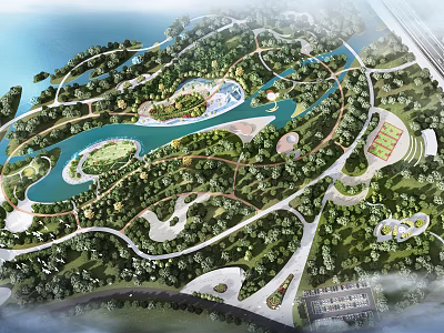Scenic Park Landscape With Lush Green Spaces Winding River And Walking Paths 3d model