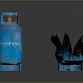 Blue Gas Cylinder With Red Flame Decoration Model On Reflective Surface 3d model