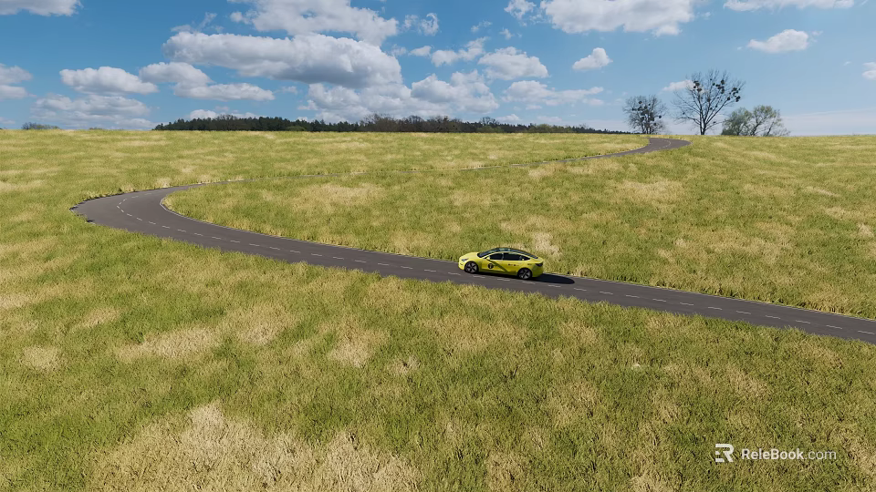 Curved Road Infrastructure In Green Grassland With Yellow Car Blue Sky And Trees 3d model 