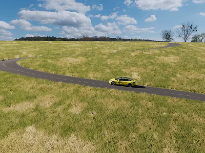 Curved Road Infrastructure In Green Grassland With Yellow Car Blue Sky And Trees 3d model
