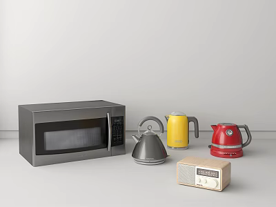 Modern Kitchen Appliances Featuring Microwave Gray Yellow Red Kettles And Radio 3d model