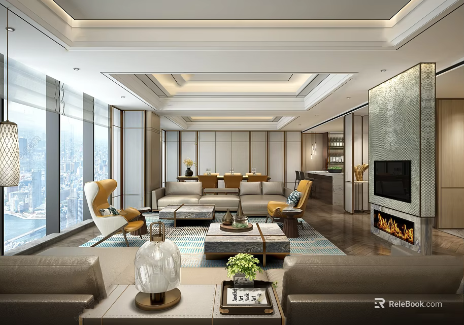 Elegant Modern Hotel Guest Room Interior With Large Windows City View Sofa And Fireplace 3d model 