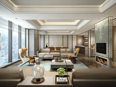 Elegant Modern Hotel Guest Room Interior With Large Windows City View Sofa And Fireplace 3d model