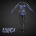 Blue And White Plaid Off The Shoulder Long Sleeve V Neck Short Fitted Waist Dress
