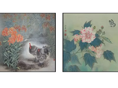 Colorful Plant Paintings Featuring Rooster Butterfly And Flower Details 3d model