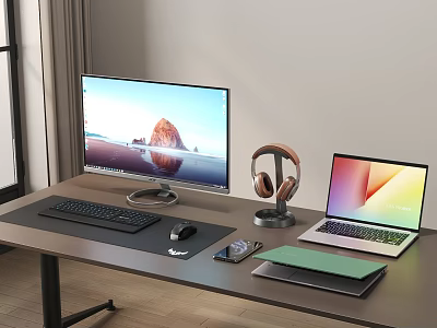 Modern Workspace Setup With Desktop Monitor Laptop Keyboard Mouse Headphones Tablet And Smartphone 3d model