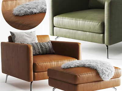 Brown Green Leather Single Sofa With Ottoman Furry Blanket And Decorative Pillow 3d model