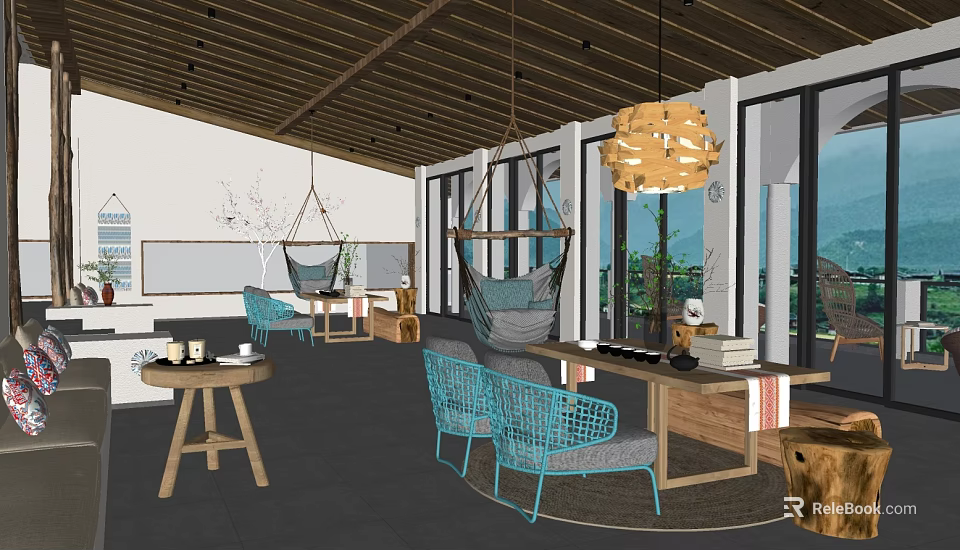 Modern Teahouse Interior With Hammock Chairs Wooden Ceiling And Scenic Views 3d model 