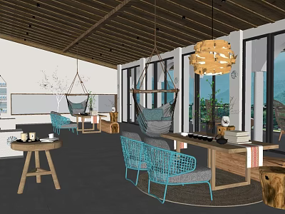 Modern Teahouse Interior With Hammock Chairs Wooden Ceiling And Scenic Views 3d model