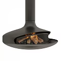 Modern Hanging Curved Metal Fireplace With Burning Wood Logs And Unique Design