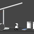 Modern White Desk Lamp With Smart Speaker Camera Tablet And Containers On Table 3d model