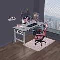 Modern Office Desk Setup With Office Appliances Monitor Keyboard Mouse Pink Chair And Neon Lights