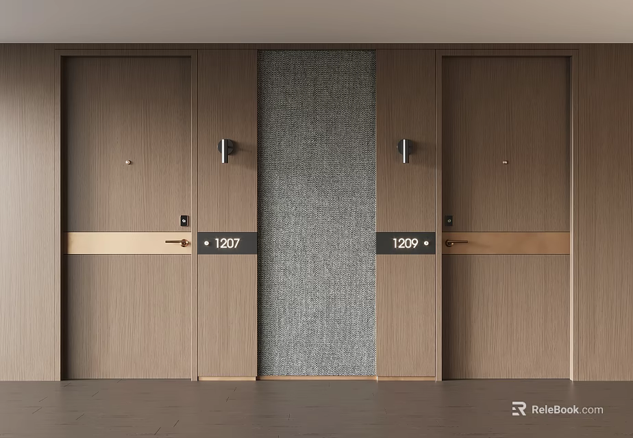 Hotel Room Doors With 1207 1209 Numbers Gray Textured Panel Gold Trim And Wall Lamps 3d model 